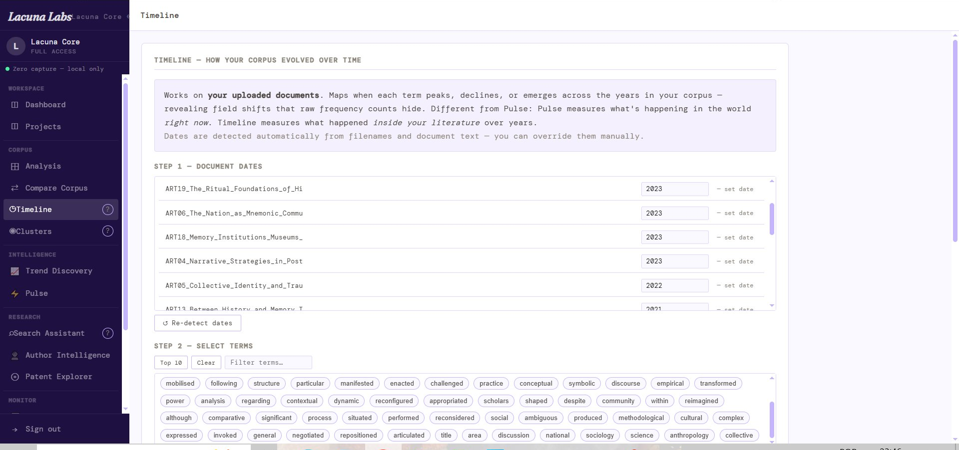 Timeline — document date configuration